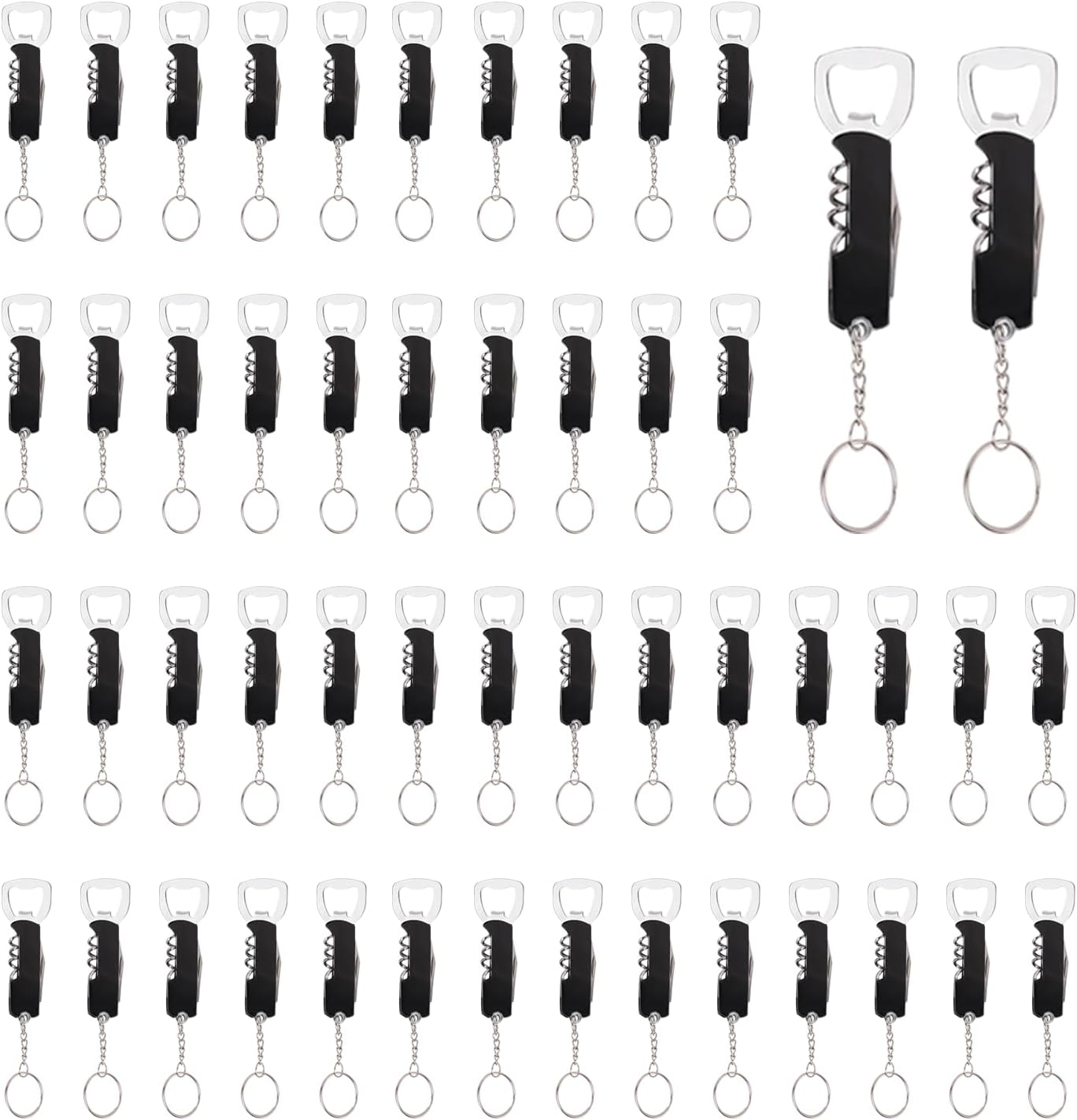 50 Pcs Wine Bottle Opener Bulk, 3.27" Stainless Steel Beer Bottle Openers with Keychain, Waiter Corkscrew Wine Key for Bar, Restaurant, Beverages, Home Party (Black)