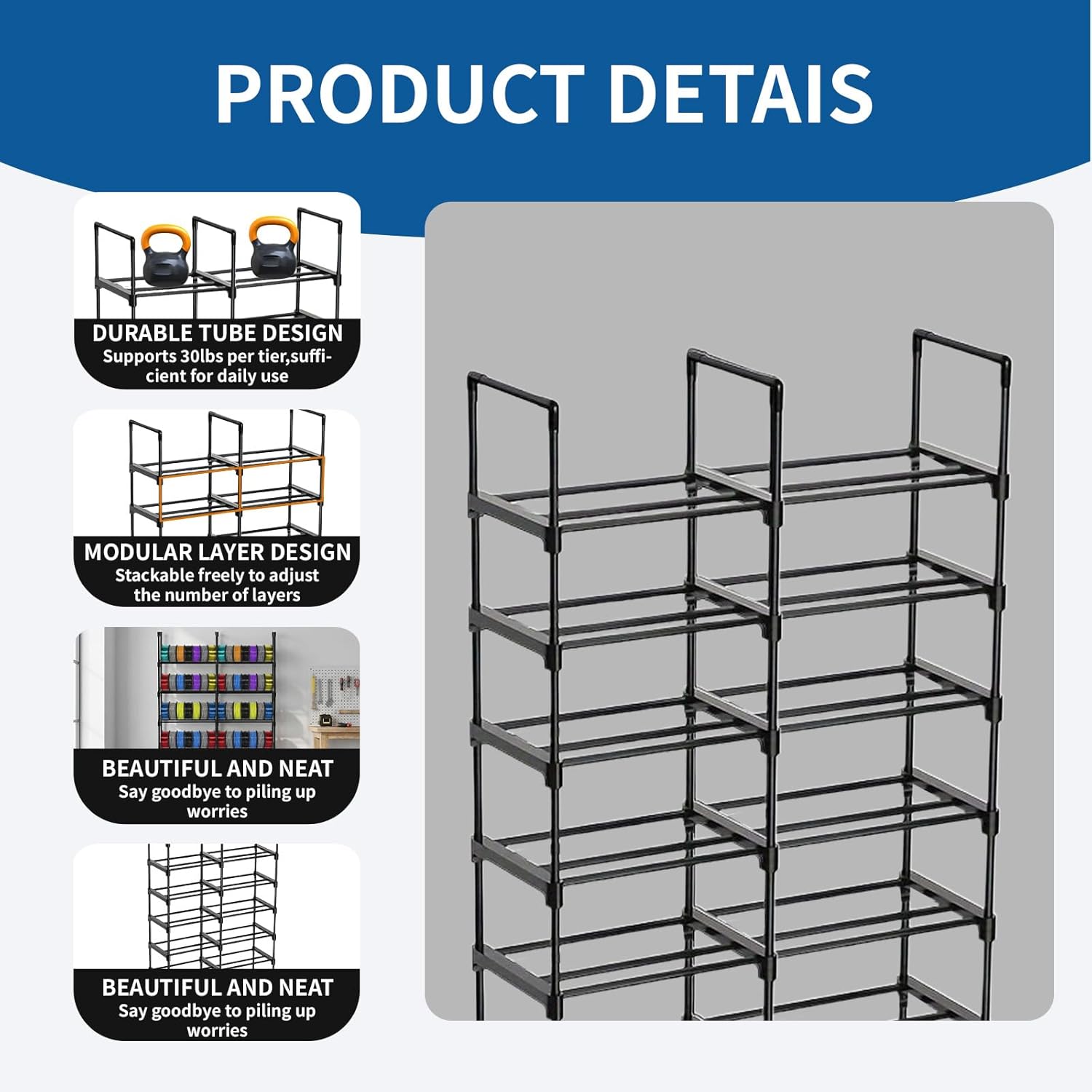 8-Tier 2-Column Modular 3D Printer Filament Storage Rack, 33.4" x 11.8" x 80.3" Metal Filament Spool Holder & Organizer, Holds 96 Spools(1kg), for Home Office Workshop, Tool-Free Assembly