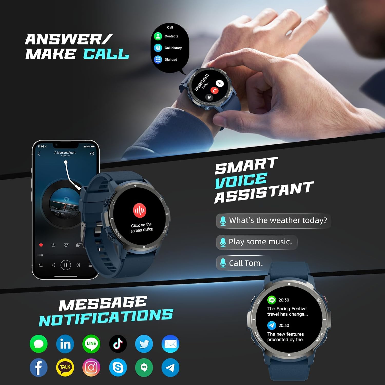 Smart Watch for Men- Bluetooth Call, IP68 Fitness Watch, 24/7 Sleep Monitor, Fitness Step Tracker Watch with 110 Sports Mode, Smartwatch for Android iOS (Casual, Blue, 1.39)