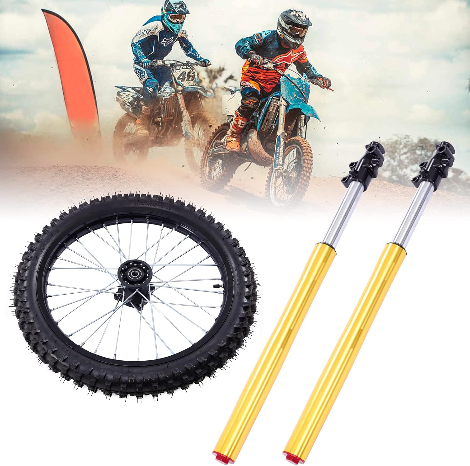 Front Forks Assembly 19 Inch Wheel 70/100-19 Front Forks Disc Brake Hub Tire TTR125 CR85R KX100 For Off-Road Motorcycle, Rim Wheel Disc Brake Assembly with Front Forks Triple Shock