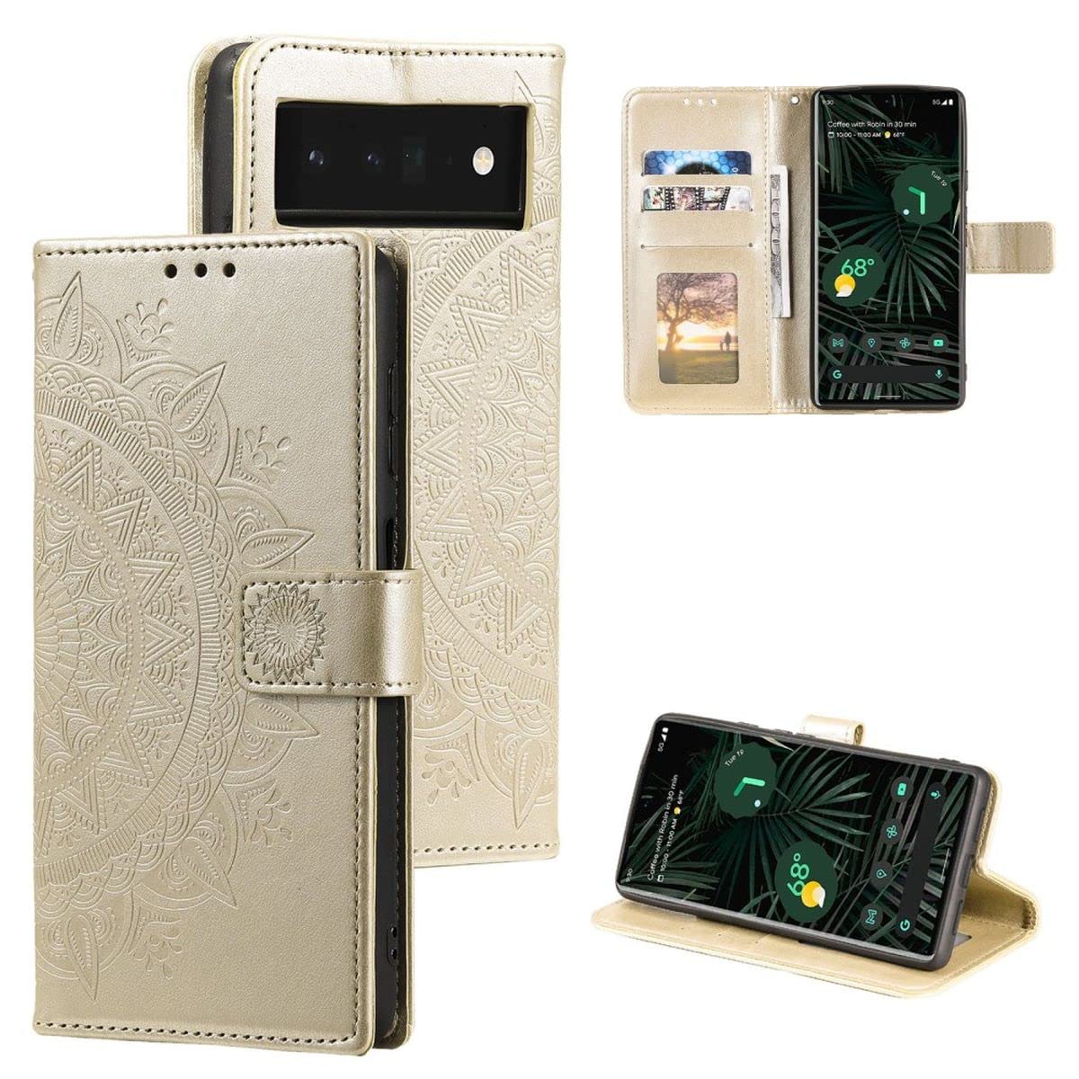 CoverKingz Klapphülle Für Google Pixel 7 – Handyhülle Mit Kartenfach & Standfunktion, Motiv Mandala Gold