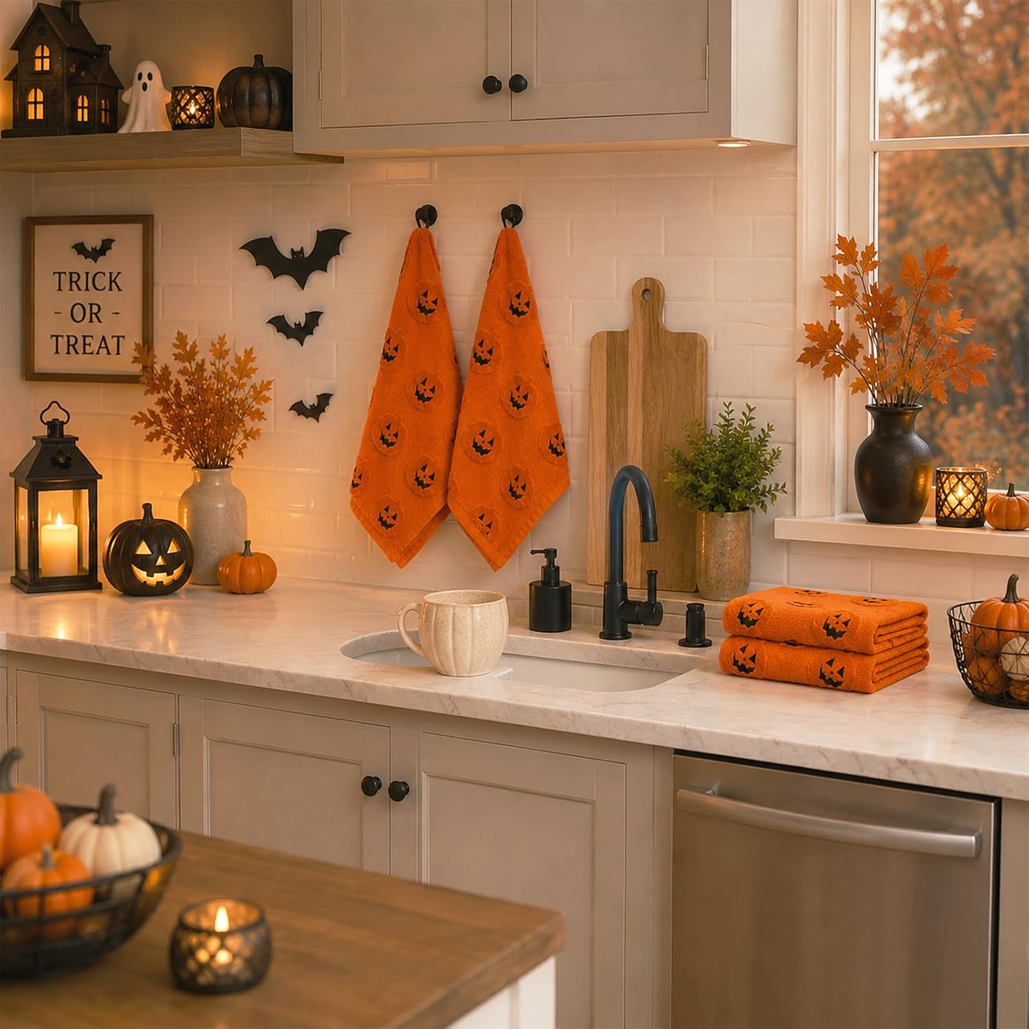 Fanfanwin 4 Pack 3D Halloween Hand Towels & Wash Towel 100% Cotton, Pumpkin