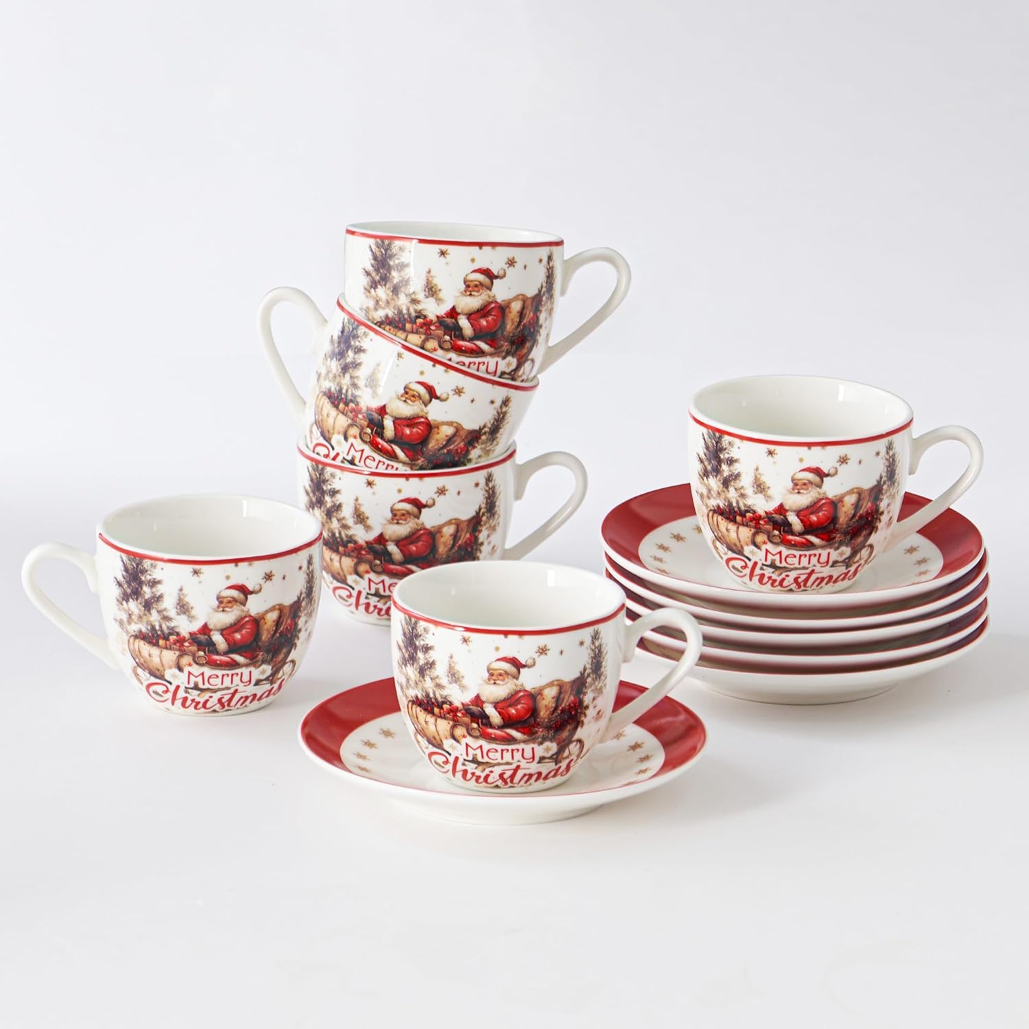 Christmas Espresso Cups & Saucers Set of 6, 3oz Small Coffee Mugs, Ceramic Demitasse Cup for Tea, Latte, Espresso Shot Cup for Expresso Machine & Coffee Maker, Christmas Gifts for Coffee Lovers