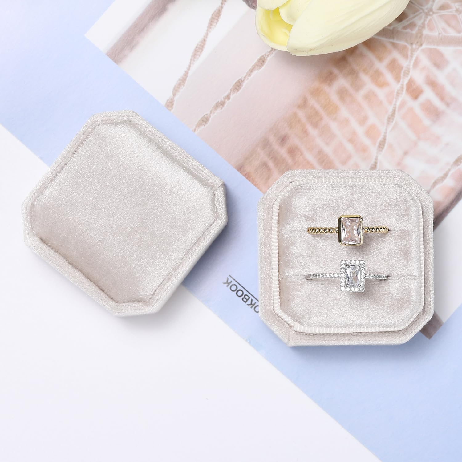 Sightor Velvet Ring Box, Octagon Velvet Jewelry Ring Box Storage 2 Slots Ring Holder Box for Proposal, Engagement, Wedding Ceremony (Beige) image 4