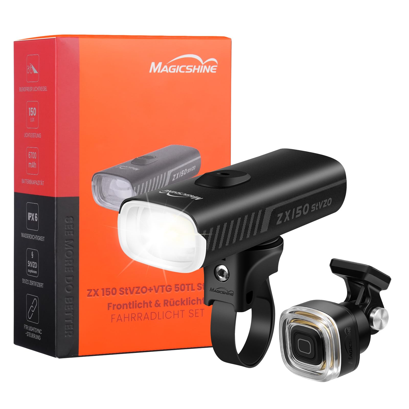 Magicshine Fahrradlicht Set ZX150 und VTG50mit 6700mAh akkubetriebenes Vorderlicht und Rücklicht