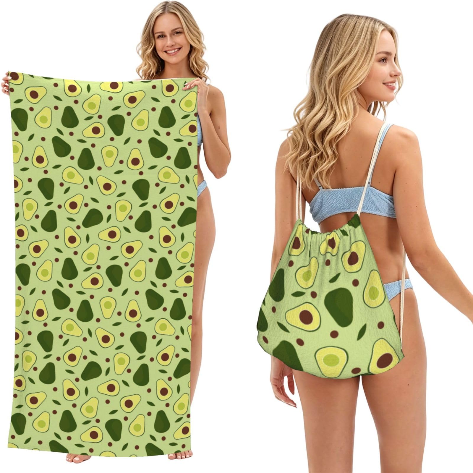 Poadnly As Picture Avocado Vintage Avocado, 2 In 1 Packable Towel Bag, Beach Towels With Drawstring Backpack For Travel Holiday Camping