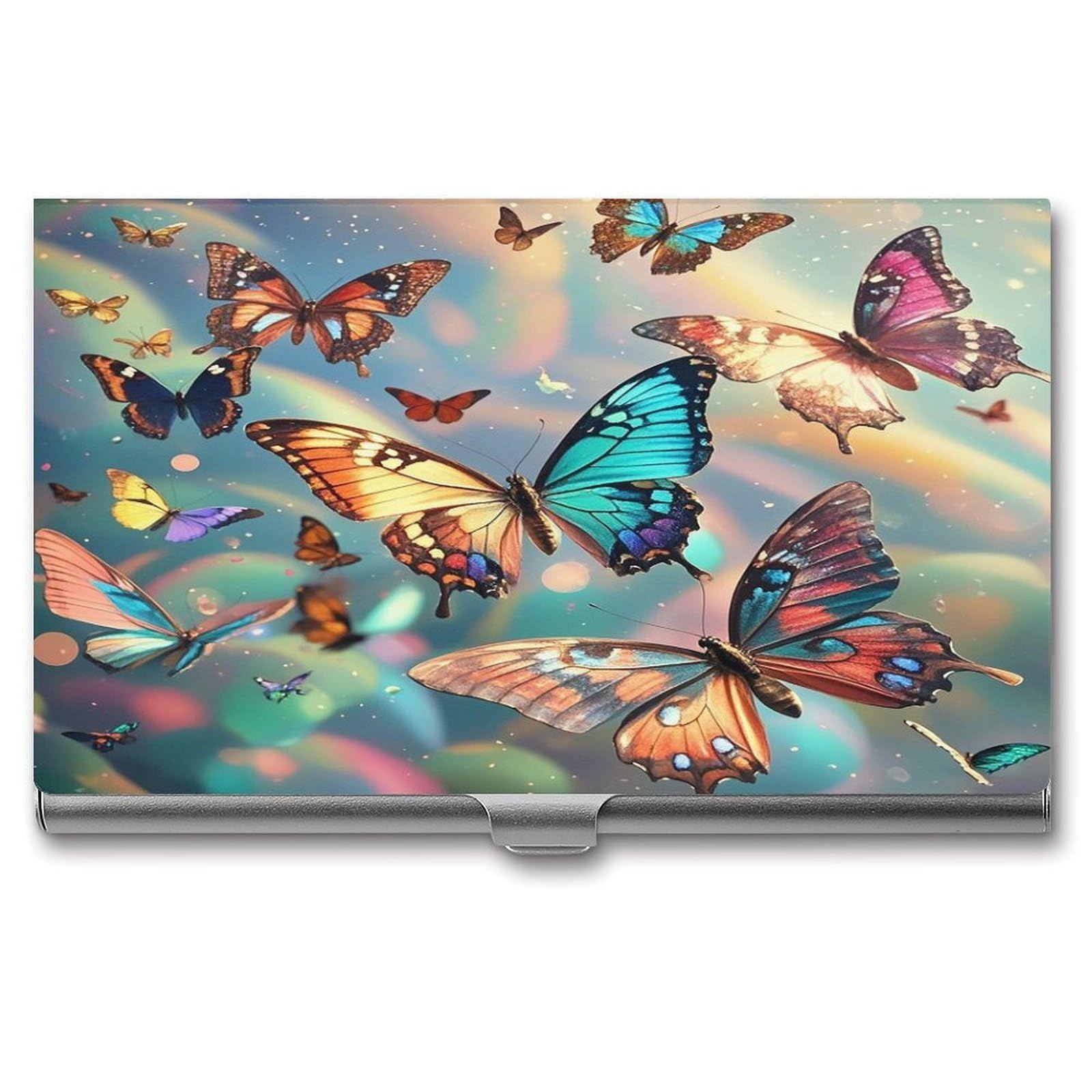 FekiLoot Color Butterfly Background Business Card Holder Aluminum Alloy Business Card Case Convenient to Carry Business Card Dispenser for Men Women