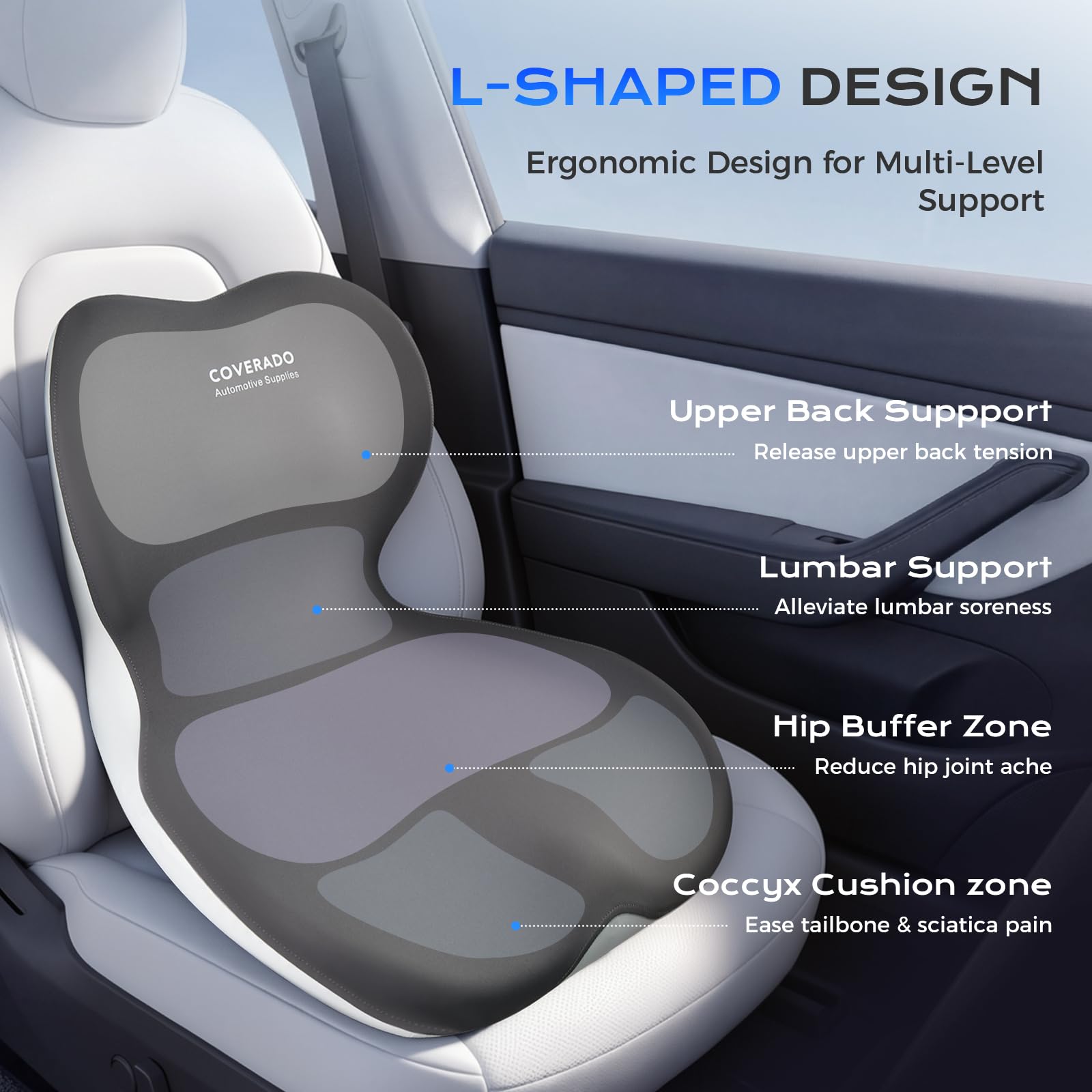 Coverado Cojín Lumbar y Cojín del Asiento para Coche, One-Pieces, Esponja de Memoria ergonómica Almohadas lumbares Cojín para Aliviar el Dolor de Espalda, Soporte Lumbar para Oficina | Almohada ergonómica de espuma viscoelástica para apoyo lumbar, ciática