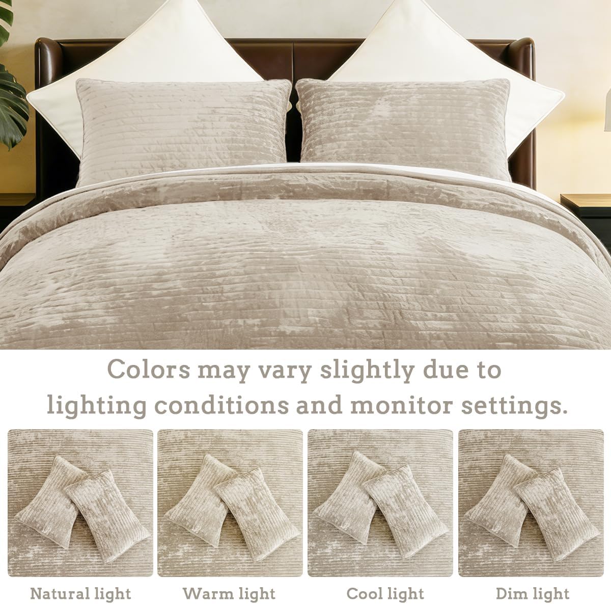 Quilt Set Oversized King Size 120x128 Luxurious Velvet Bedding Sets with 2 Pillow Shams 20x36 3 Pieces Ultra Soft Quilted Striped Bedspread Coverlet Comforter for All Season,Beige - Image 2