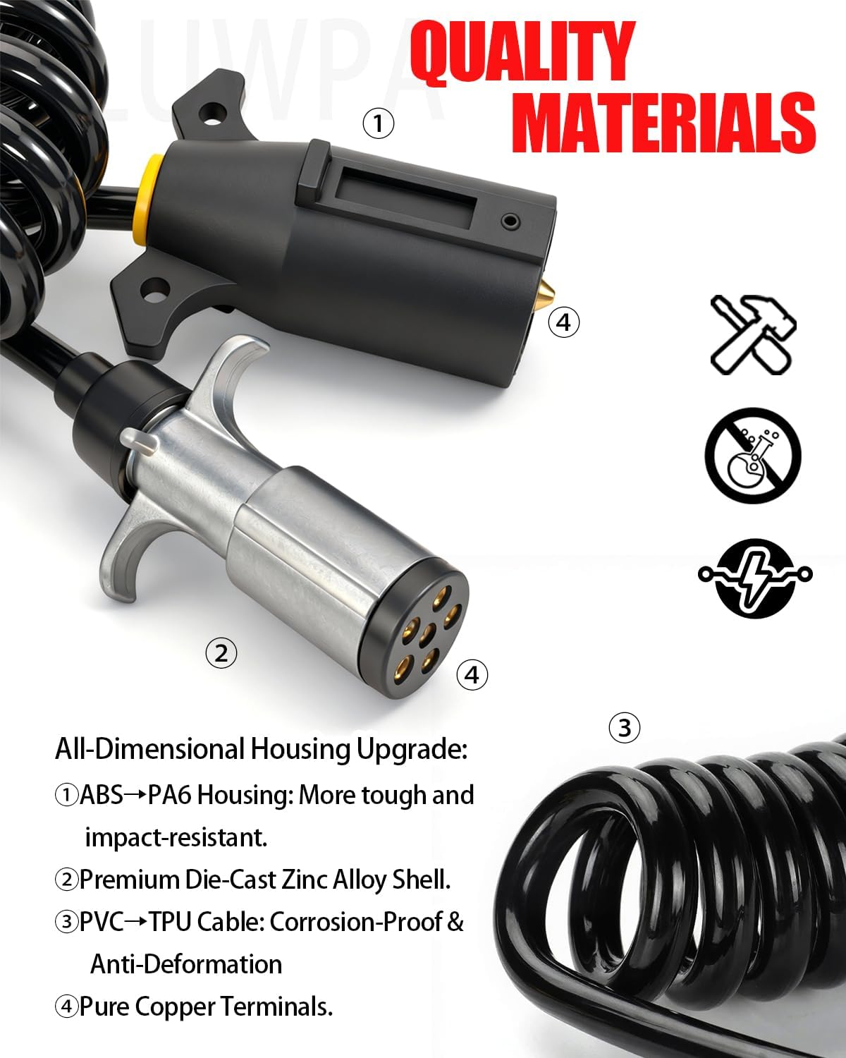 7 Pin to 6 Pin Trailer Adapter, 8FT Coiled Trailer Cord Tow Cable, 7 Wire to 6 Wire Trailer Light Adapter with 6-Pin Alloy Female Socket & Mounting Bracket, Water-Resistant Cable for RV Truck Vehicle