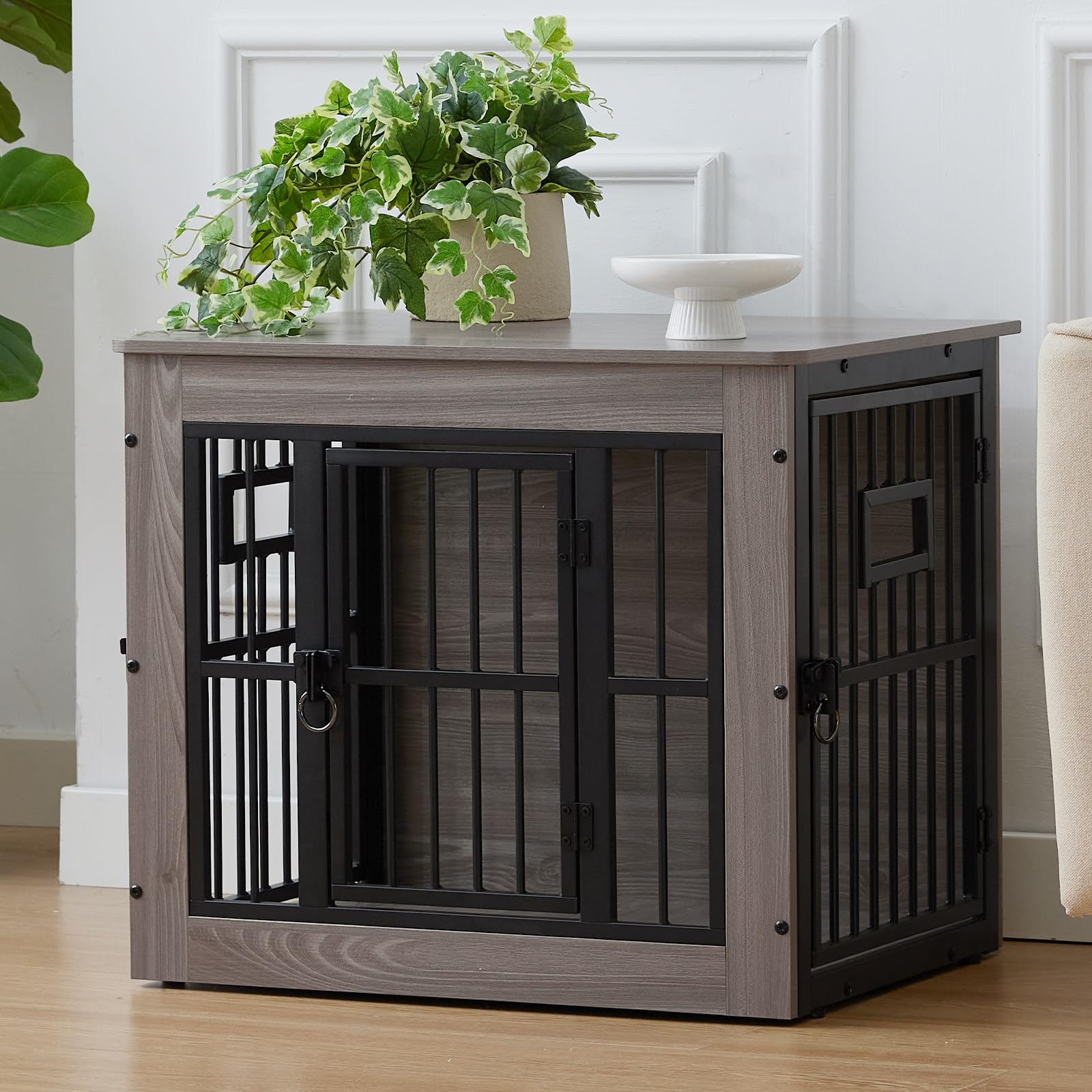 Gardner Pet Dog Crate Furniture,69 cm Heavy Duty Dog Cage,Three Door Wooden Dog Kennel Indoor End Side Table,for Small Dogs,Rustic Grey