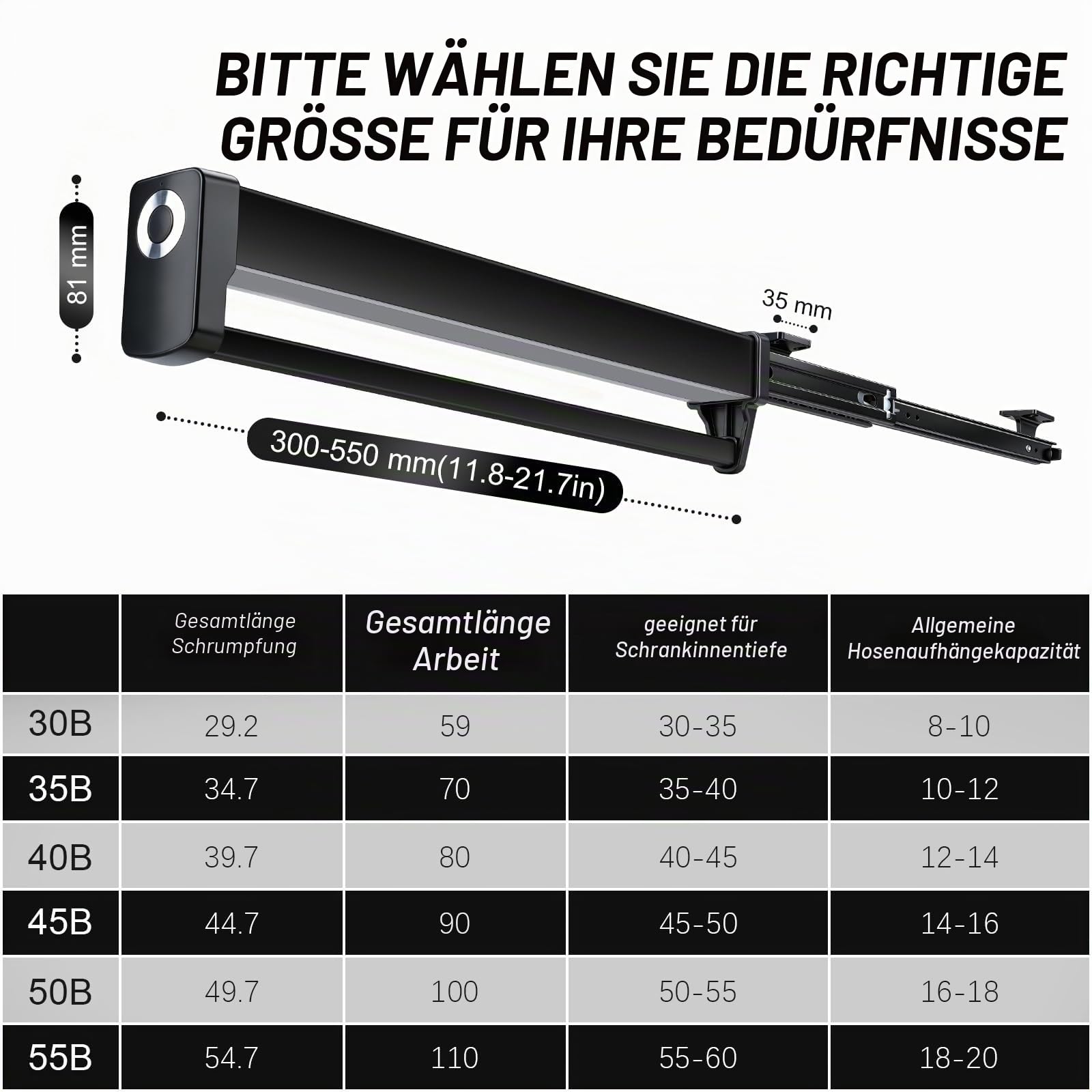 Ausziehbare Kleiderstange mit LED-Beleuchtung für Kleiderbügel, Verstellbarer Hosenaufhängung Teleskop Kleiderstange Schrank Hosenhalter Garderobenstange Ausziehbar für Kleiderschrank - 550mm | Verstellbarer, robuster Hosenständer, einziehbare Hosenbügel,