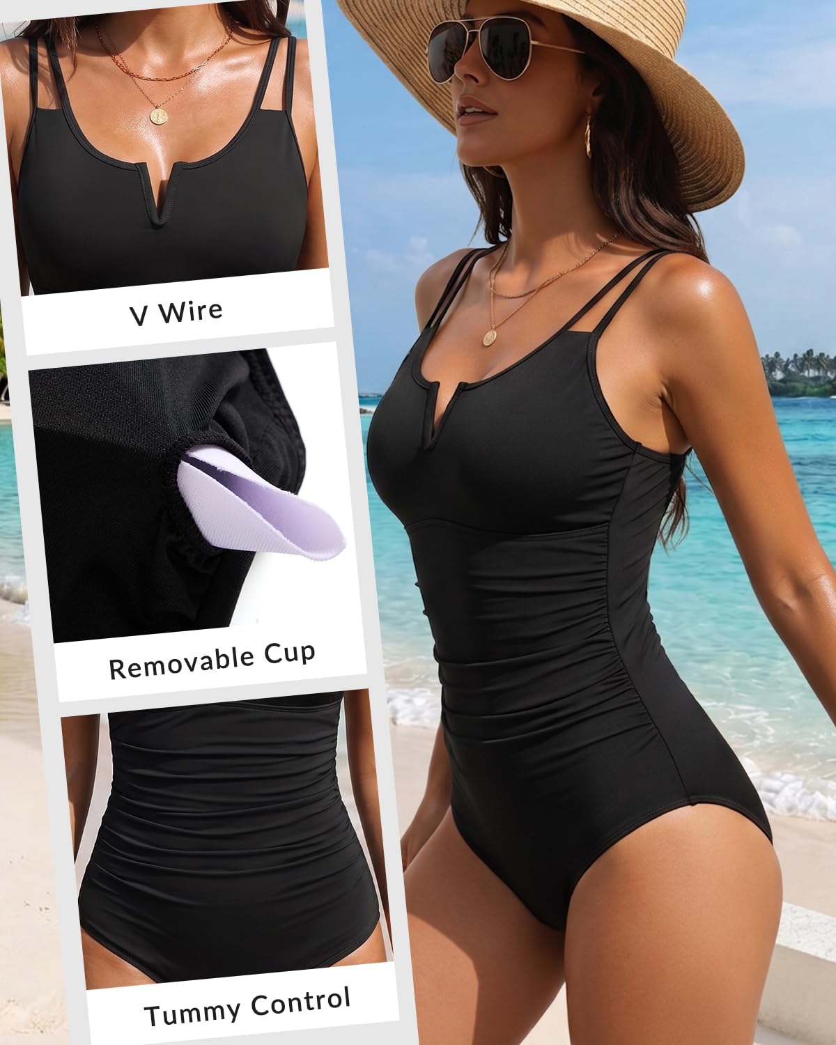 Traje de baño de una pieza para mujer con control de abdomen, traje de baño adelgazante con aros en V, cobertura completa 2025