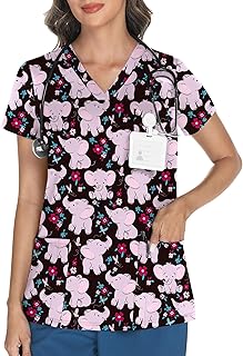 Scrubs for Women V Neck Printed Scrub Tops Soft Knit Nurse Uniform Shirts with 3 Pockets