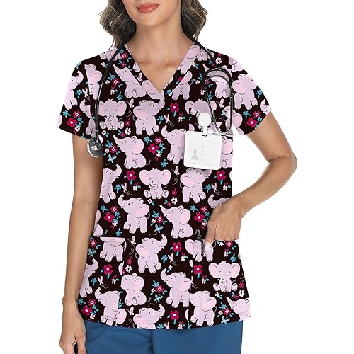 LOMON Scrubs for Women V Neck Printed Scrub Tops Soft Knit Nurse Uniform Shirts with 3 Pockets