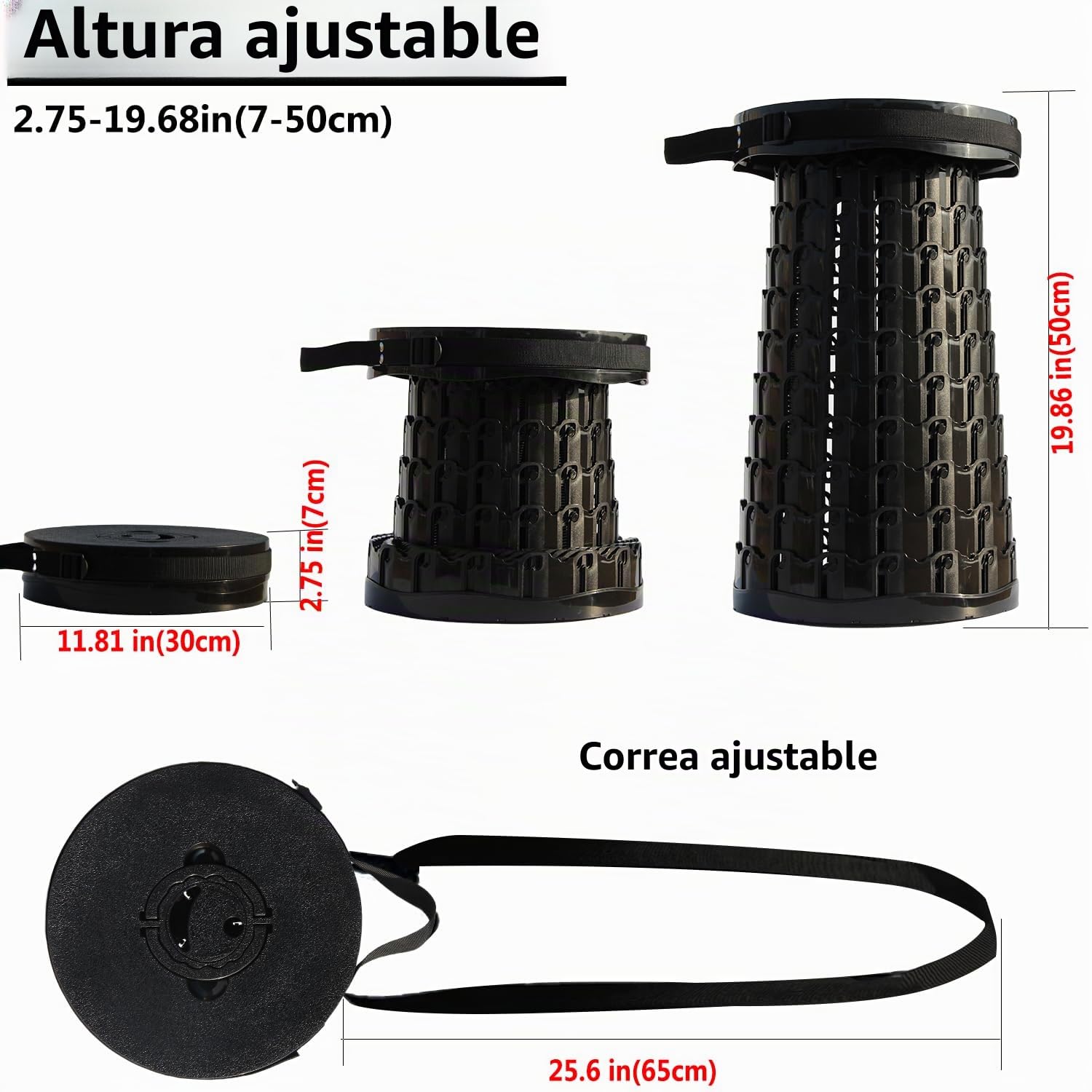 Taburete telescópico portátil mejorado de 19.7 pulgadas con asiento más grande y carga más fuerte, taburete plegable plegable con cojín retráctil, silla plegable telescópica resistente para adultos