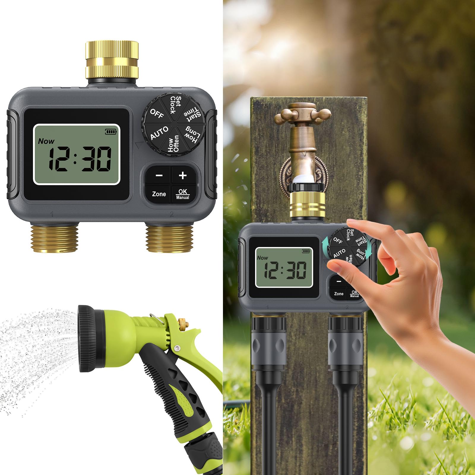 Válvulas de riego para exteriores, control de doble zona, BSP3/4 pulgadas, ajuste de latón, tasa IP55, resistente a la intemperie, monitor LCD, roscado, válvulas de agua de alta presión