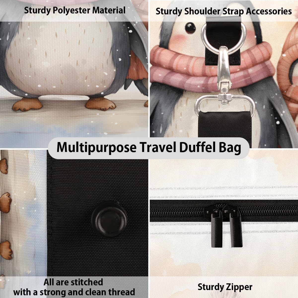 Watercolour Penguins Travel Duffel Bag for Women Men Large Capacity Overnight Weekender Bags for Lightweight Waterproof Sport Gym Bag for Workout Yoga Swim