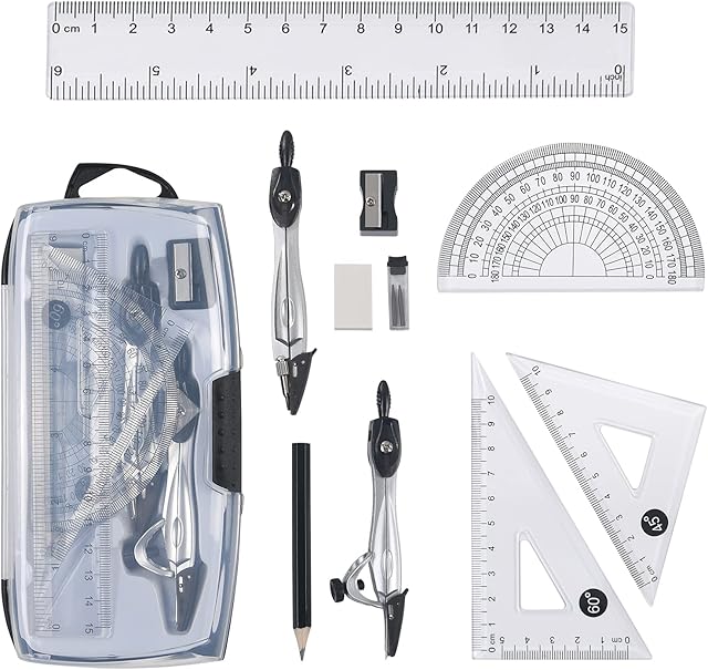 Vicloon Geometry Compass Set, 10pcs Maths Set in Carry Case, Educational Supplies wiht 2 Types Drawing Compasses, Maths Protractor Set, Ruler Set, Pencil, Eraser, Sharpener for School, Engineers