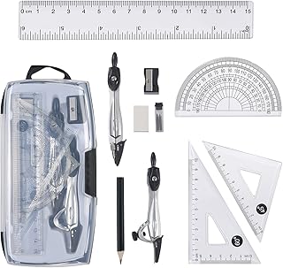 Vicloon Geometry Compass Set, 10pcs Maths Set in Carry Case, Educational Supplies wiht 2 Types Drawing Compasses, Maths Protractor Set, Ruler Set, Pencil, Eraser, Sharpener for School, Engineers