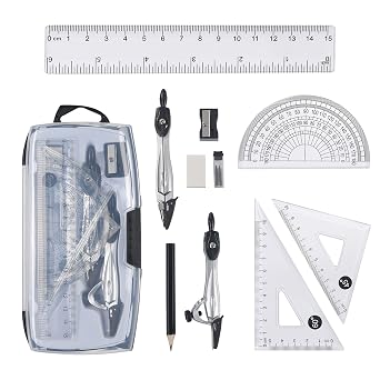 Vicloon Geometry Set, 10 Pieces Math Set Includes Drawing Compass, Ruler, Cartabon, Angle Protractor, Geometric Compass, Pencil, Eraser, Compass Set Set
