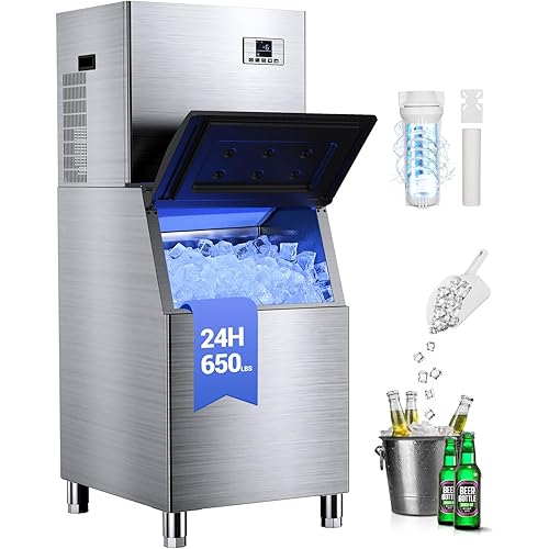 Commercial Ice Machine 650LBS/24H with 400LBS Storage Bin, Large Industrial Ice Maker, Self-Cleaning, Timing Function, 210 Ice Cubes in 5-15min, Adjustable Ice Thicknesses