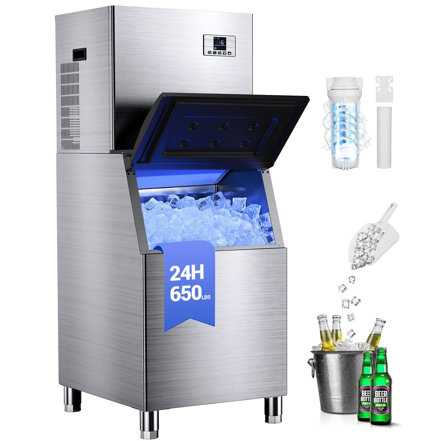 Commercial Ice Machine 650LBS/24H with 400LBS Storage Bin, Large Industrial Ice Maker, Self-Cleaning, Timing Function, 210 Ice Cubes in 5-15min, Adjustable Ice Thicknesses - Amazon product rated Grade B