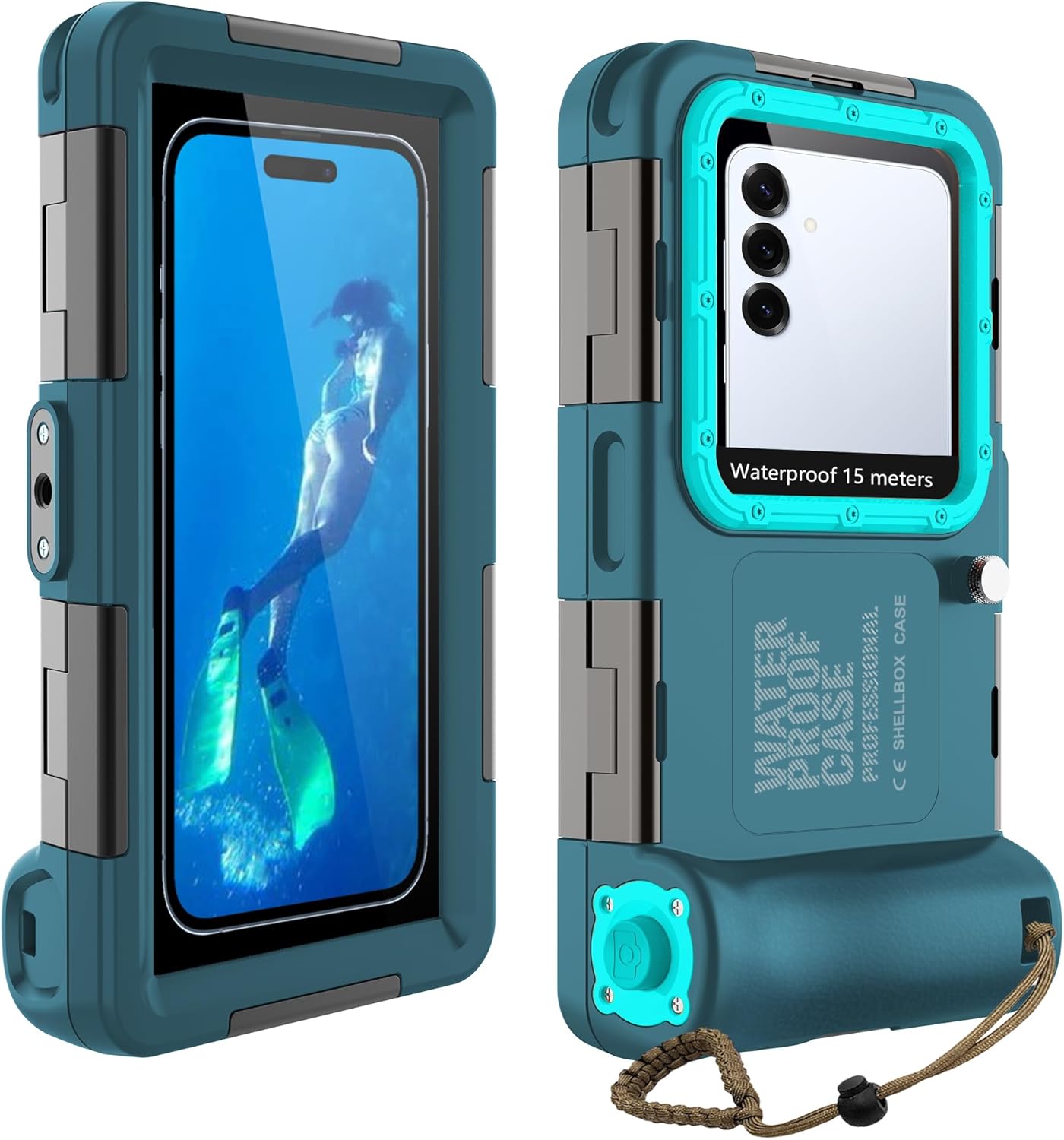 ShellBox Case Waterproof Diving Phone Cover for Underwater Snorkeling Filming, Scuba Housing Fit with Samsung Galaxy S25/24/S23/S22 Ultra/Plus/FE Google Pixel Motorola[Right Phone Volume Button], Teal