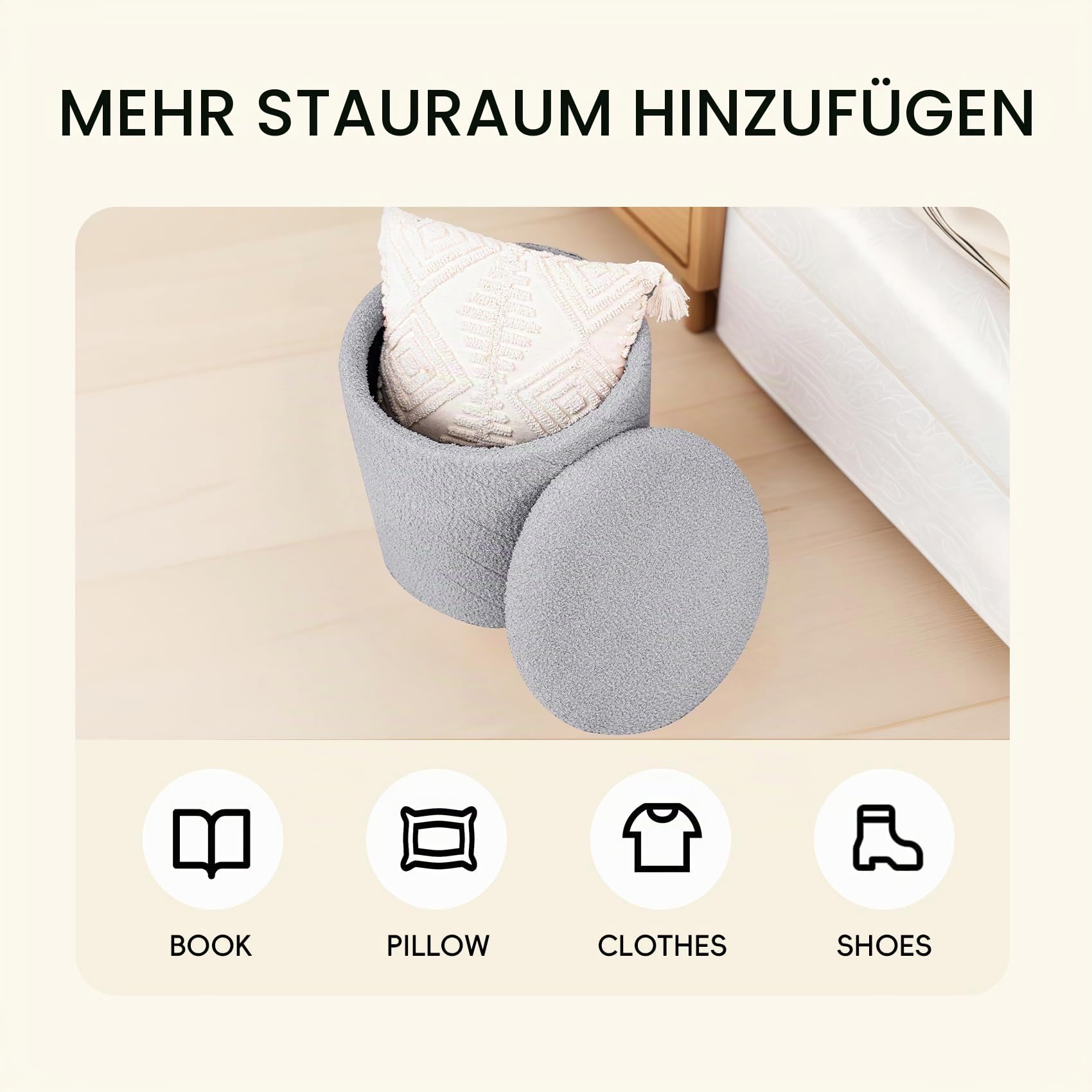 PINPLUS Runder Sitzhocker mit Stauraum, Teddy-Fleece, 43x43x45 cm, Grau