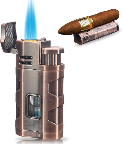 Pocket Lighter Triple Jet Flame Refillable Windproof Lighter with Cigar Hole Holder (Butane Not Included) (Copper Red)