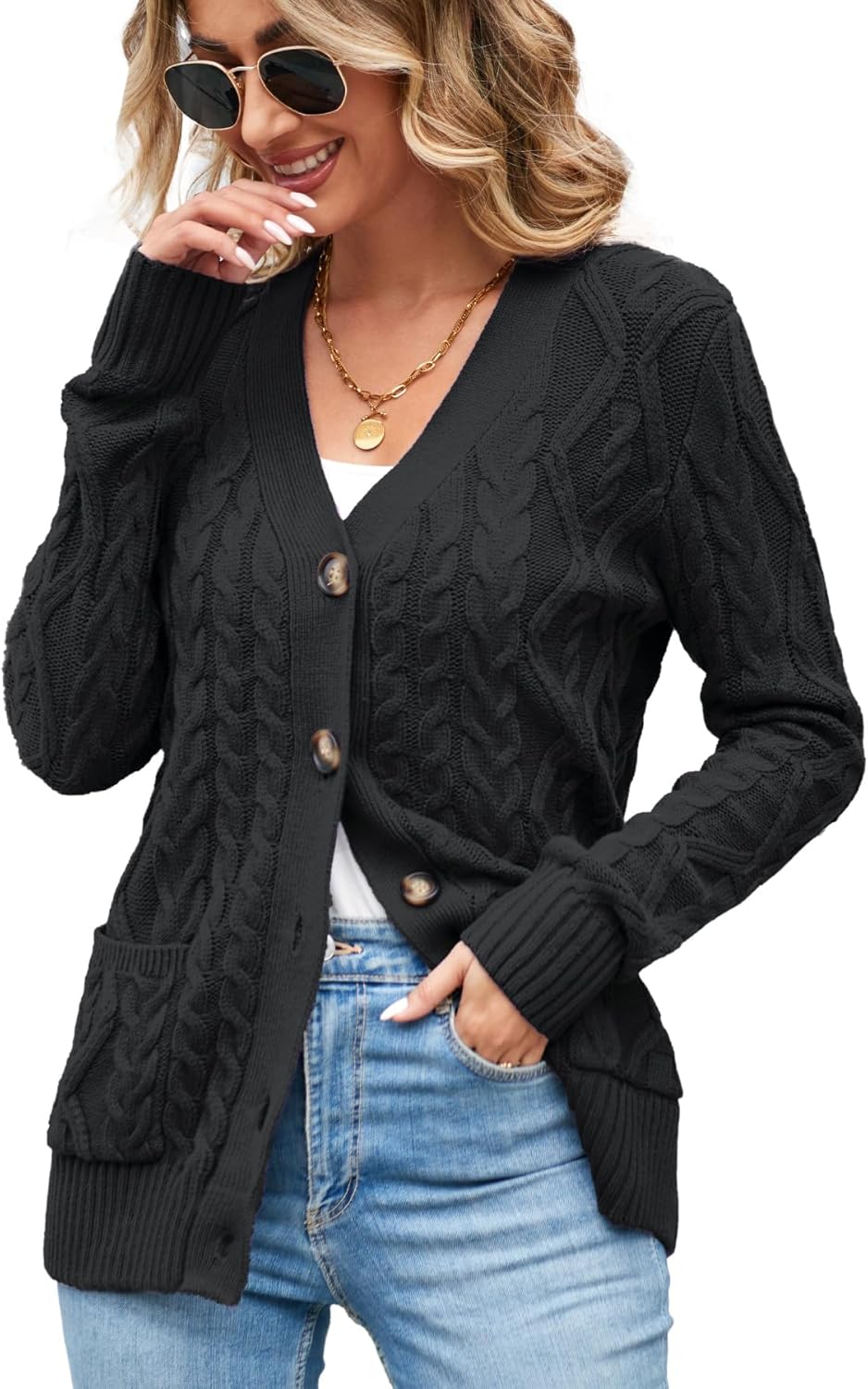 Fall Cardigans for Women 2026 Chunky Cable Knit Button Up Long Sleeve Sweater Sweatshirt