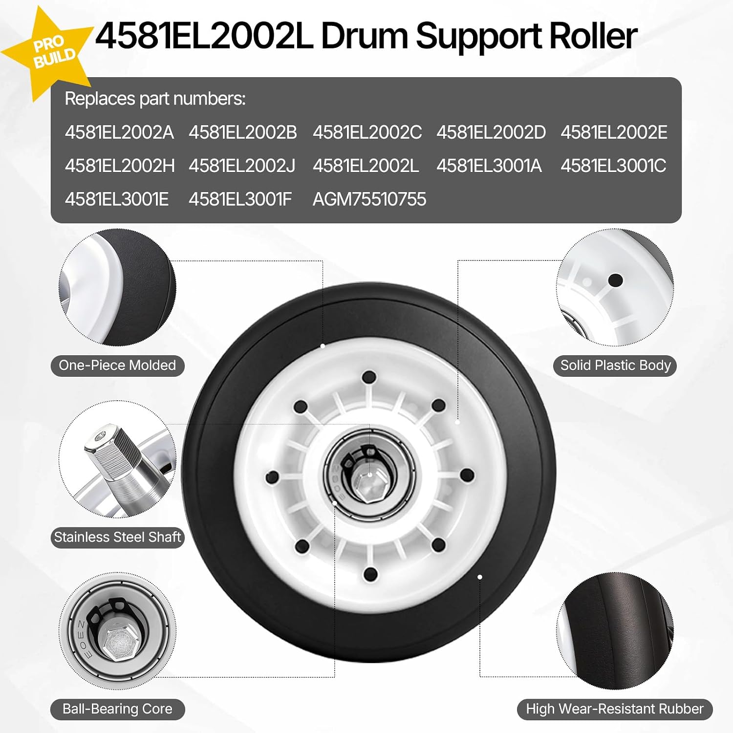 UPGRADED Dryer Repair Kit for LG Kenmore, 4581EL2002L Ball Bearing Low Noise Drum Roller Kit replaces 4581EL2002C, with 4561EL3002A Idler Pulley & 4400EL2001A Belt, Fits 79661523210 DLE3050W DLEX5101W