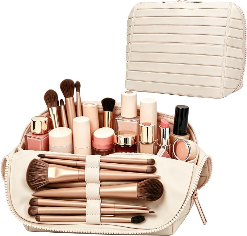 Necessaire de maquiagem vertical Geelraqaly com divisórias ajustáveis, bege