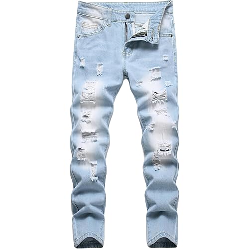 Boy's Skinny Fit Ripped Destroyed Distressed Stretch Slim Jeans Pants