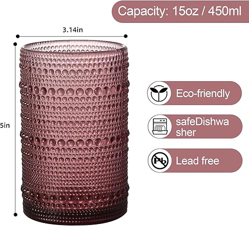 Miniatura 2 de Juego de vasos de vidrio vintage de 6 vasos de vidrio de hobnail de 15 onzas, vaso de agua morado en relieve, para cerveza, cóctel, whisky, jugo y