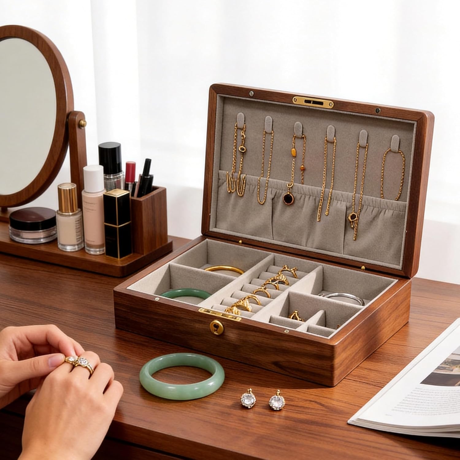 Solid Black Walnut Wooden Jewelry Box with Lock and Key, Velvet Interior, Vintage Style Lockable Organizer & Storage Case for Necklaces, Rings, Earrings, Watches, Bracelets - Gift for Women or Men