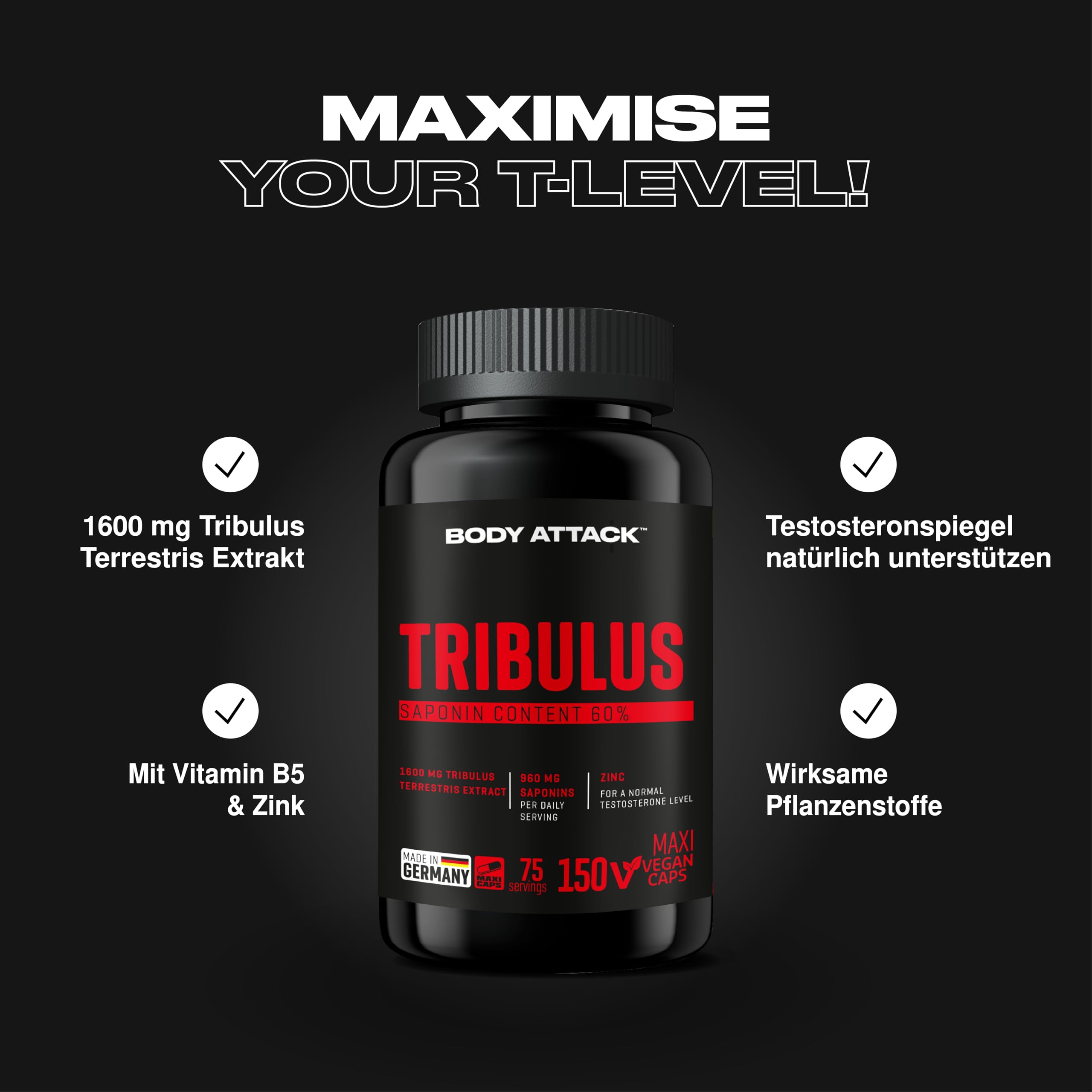 Body Attack Tribulus mit 2400mg Tribulus Extrakt - hochdosierte & natürliche Kapseln mit Testosteron und Zink, Made in Germany, 75 Portionen - 150 Maxi Caps