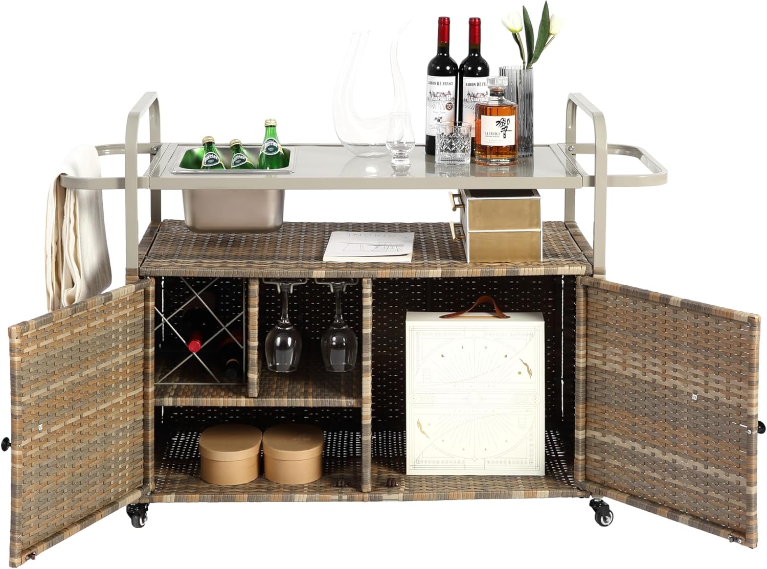 Patio Outdoor Bar Cart - Rattan Bar Cart with Steel Top and One Ice Bucket, Outdoor Patio Storage Cabinet with Lockable Wheels for Garden, Backyard, Poolside