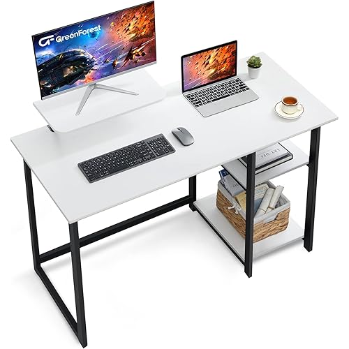 GreenForest Computer Desk with Monitor Stand and Reversible Storage Shelves,39 inch Small Home Office Writing Study Desk for Small Spaces,White