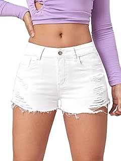 Verdusa Women's Ripped Distressed Skinny Denim Shorts, White, Small