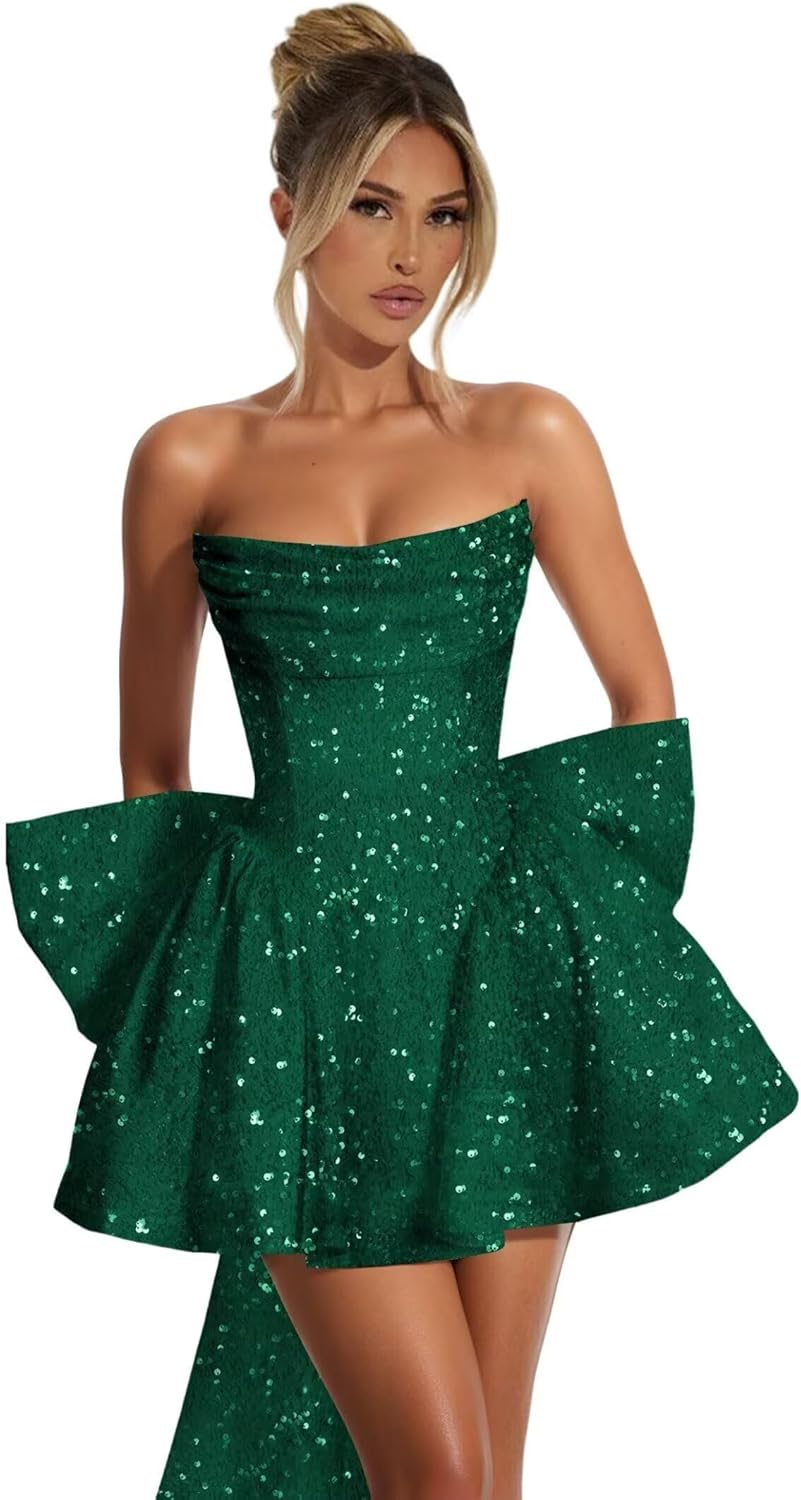 VOfuter Sparkly Sequin Homecoming Dresses with Bow Cowl Neck Cocktail Party Dress A-line Short Prom Gown for Teens