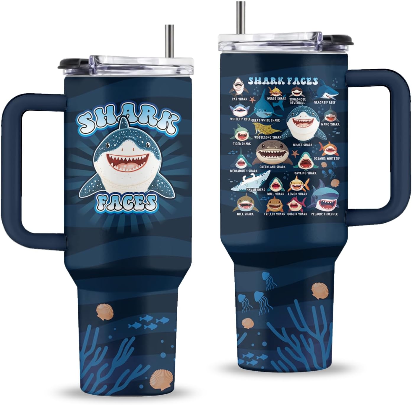 Uibunoo Whale Shark Gifts, Sharks Faces Tumbler with Handle & Straw & Lid, 40 Oz Stainless Steel Shark Cup, Sharks Animal Lovers Gift for Thanksgiving Christmas Birthday, 1 PCS