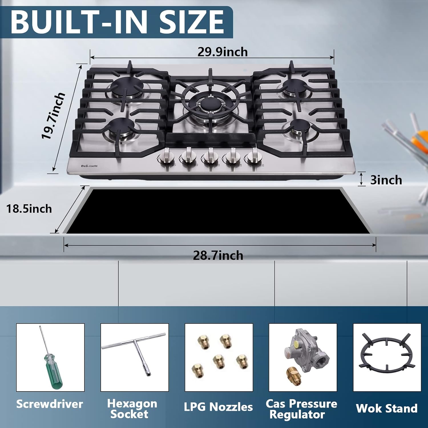 30 Inch Gas Cooktop, Stainless Steel Built-in 5 Burners Gas Stovetop LPG/NG Convertible Gas Stove Top Dual Fuel Gas Hob DM527-05 - Image 4