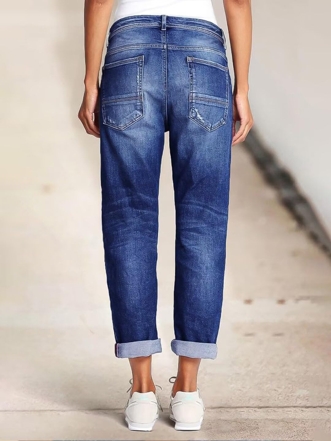 Flamingals Straight Leg Mid Rise Boyfriend Ripped Roll Hem Denim Jeans