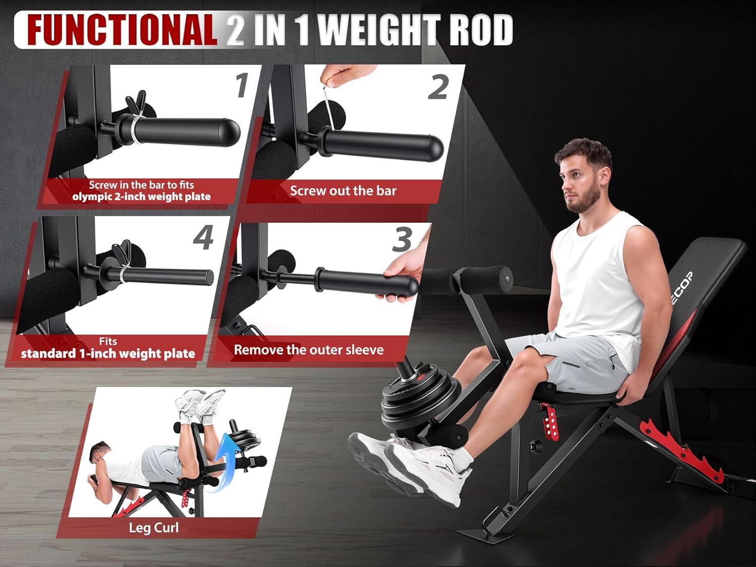 OPPSDECOR 1200LBS Workout Bench with Leg Extension/Leg Curl, Adjustable Weight Bench for Home Gym, Heavy Duty Workout Bench for Full Body Workouts, Incline/Flat Bench Press Set for Strength Training