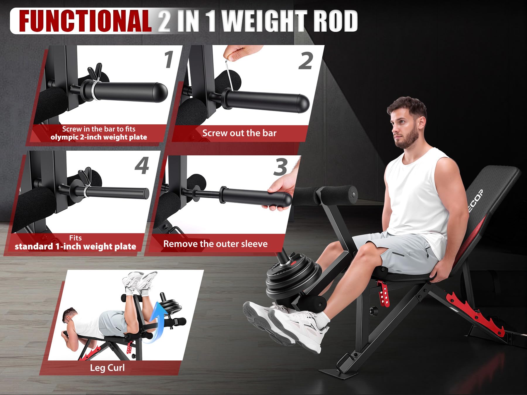 1200LBS Workout Bench with Leg Extension/Leg Curl, Adjustable Weight Bench for Home Gym, Heavy Duty Workout Bench for Full Body Workouts, Incline/Flat Bench Press Set for Strength Training