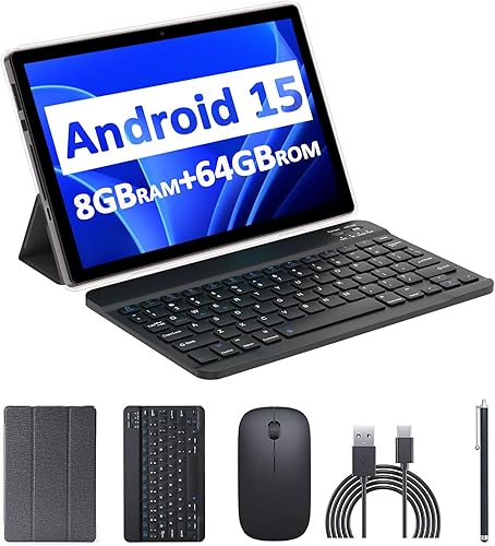 Tablet Android 15, tabletas de 10 pulgadas 8 GB de RAM+64 GB ROM con teclado y ratón, procesador de cuatro núcleos de 1.8 GHz, cámara de 8 MP, Negro