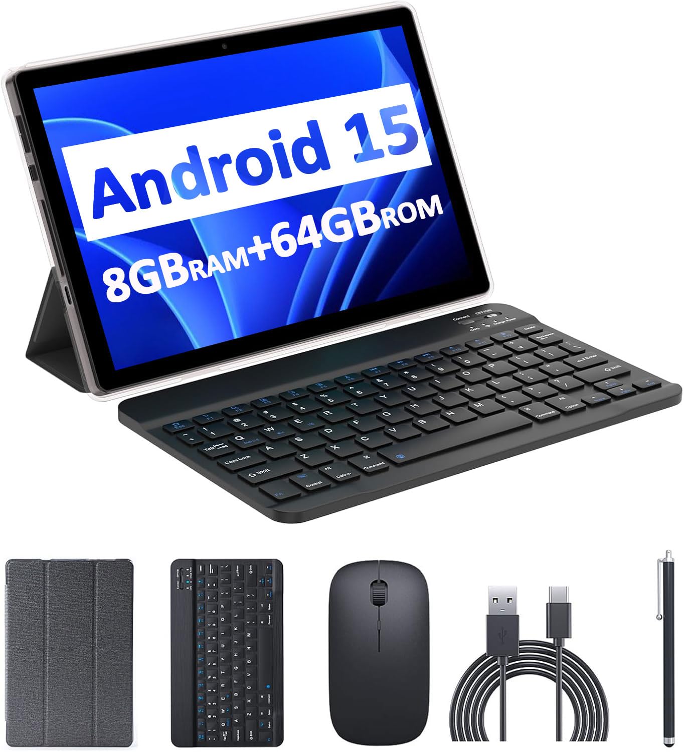 Android 15 Tablet, 10 Inch 8GB RAM+64GB ROM Tablets with Keyboard/Mouse/Case/Stylus, 1.8Ghz Quad-core Processor Laptop, 8MP Camera, 6000mAh Battery, 1280 * 800 IPS HD Touch Screen, 5G WiFi 6 Tablet
