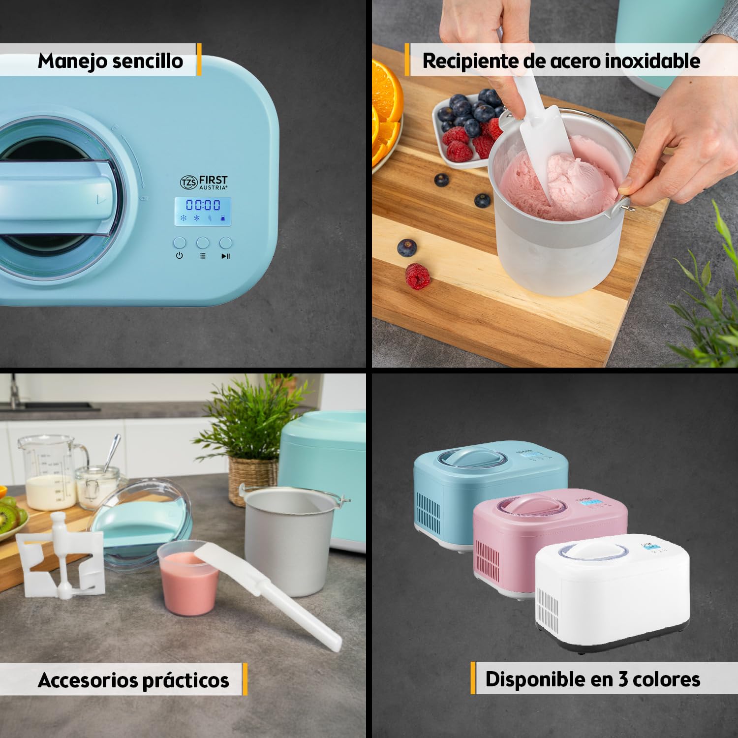 TZS First Austria - Heladera 1L con Compresor 3 en 1-100W Máquina de Helados Autorefrigerante para Yogur Helado, Sorbete y Crema - Turquesa