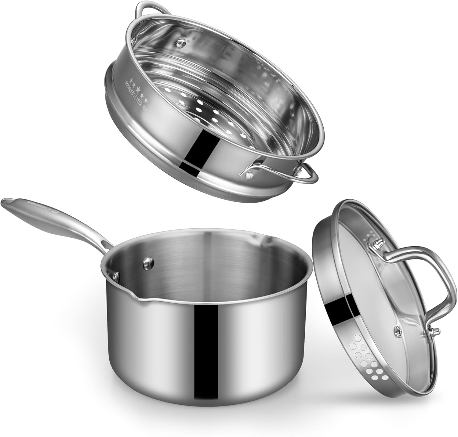 Tri-Ply Stainless Steel Sauce Pan with Steamer Basket & Straining Glass Lid— 2-in-1 Multi-Function Pot for Steaming, Boiling & Simmering — Healthy, Durable, Rust-Resistant, Professional-Grade Cookware 2.0 QT with Steamer Tri-Ply Full Body